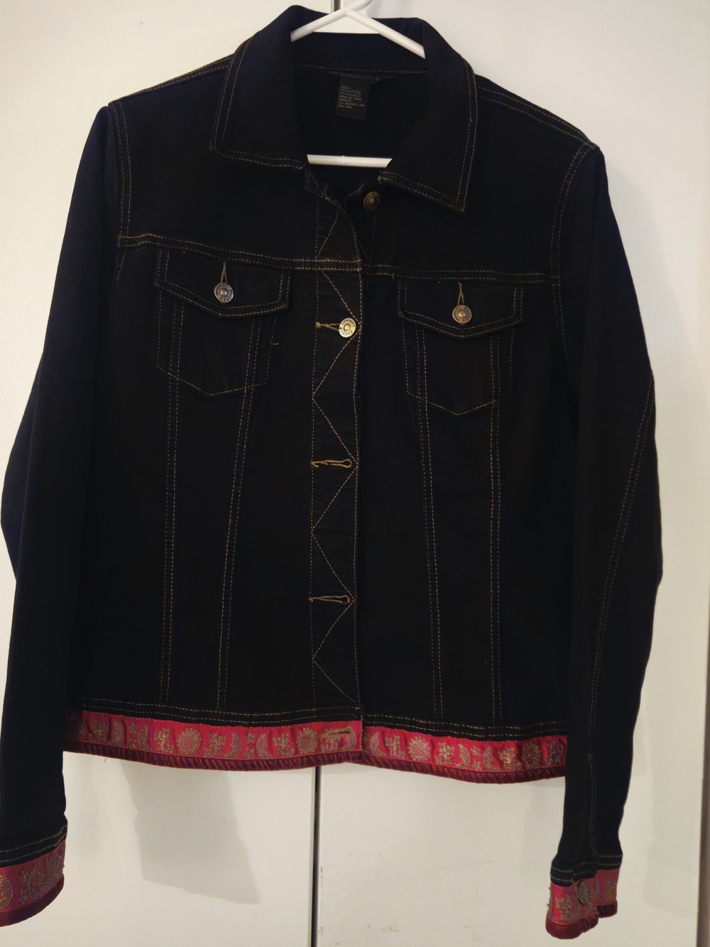 Twiggy London Black Denim Jacket with Red Embroidered Hem and Cuff
